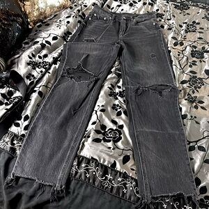 American Eagle High Rise, Black, Distressed, Baggy, Straight Leg, Tattered Jeans